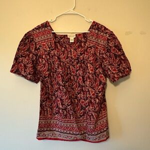 Country Store Paisley Print Women's Red Short Sleeve Square Neck Top, Size XL